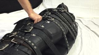 Bound with 20 belts and made to cum in a leather s