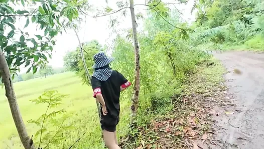 Thai Girl Walking Showing Along the Side of the Field Road in the Countryside Thai Outdoor Public