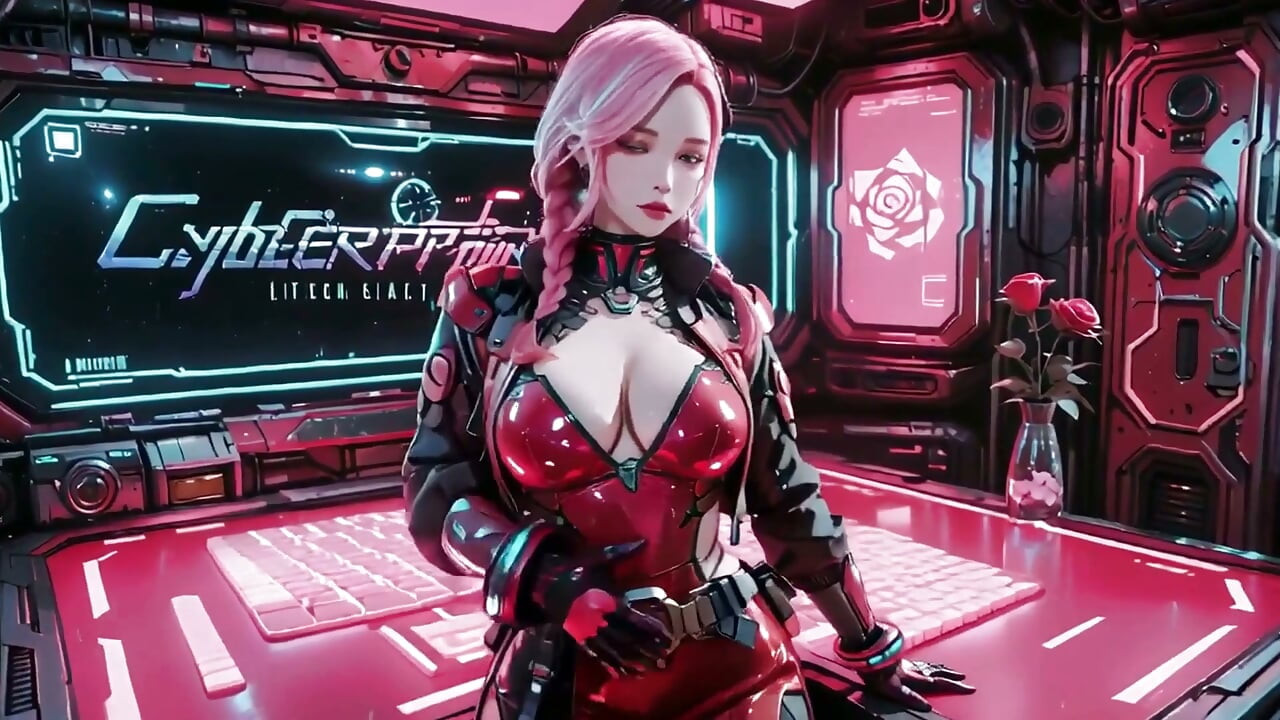 Pink-haired Mech Warrior! Kneeling in Neon Streets, Red Rose & Cold Armor Contrast.