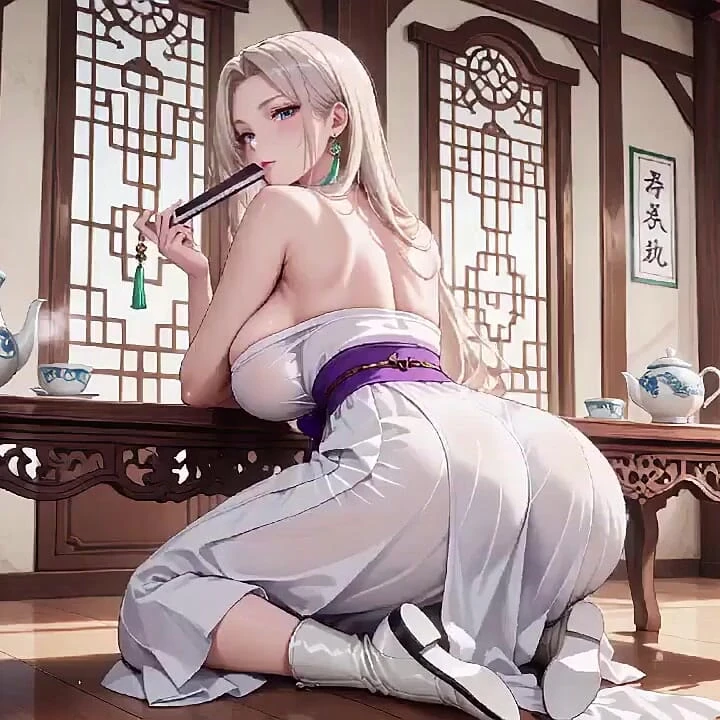 白色和服女仆! 跪在日本走廊里, 巨大的缝隙暴露在阳光下湿润的大腿.