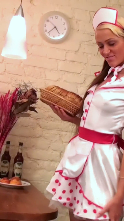 Polka-dot Costume Solo - Blonde Plays with a Silver Vibrator