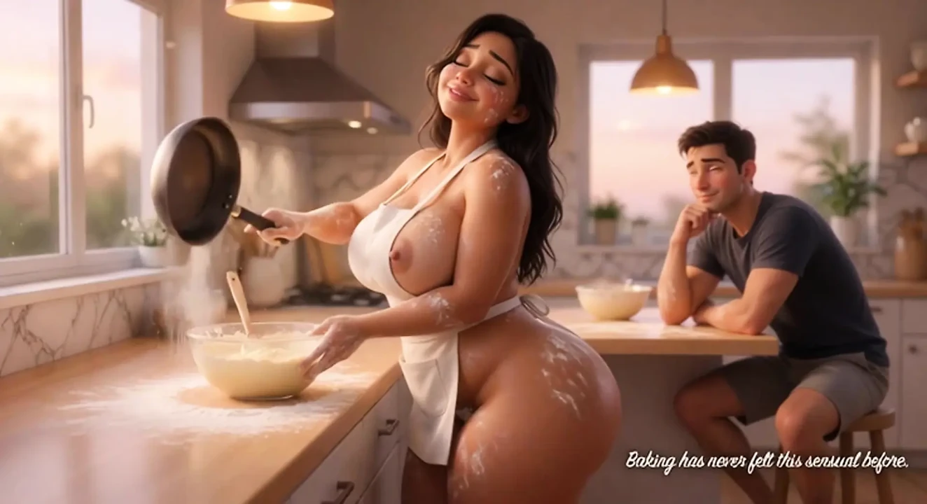 Curvy Latina bakes naked under tiny apron while her young stepson watches every move (AI generated)