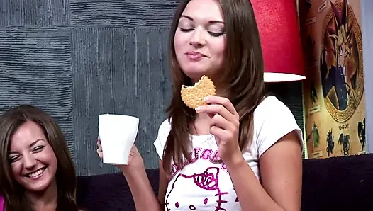 Teen lesbians use the dildo on each others ass