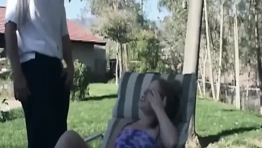 Mature Blonde MILF Sucks Thick Cock on Patio