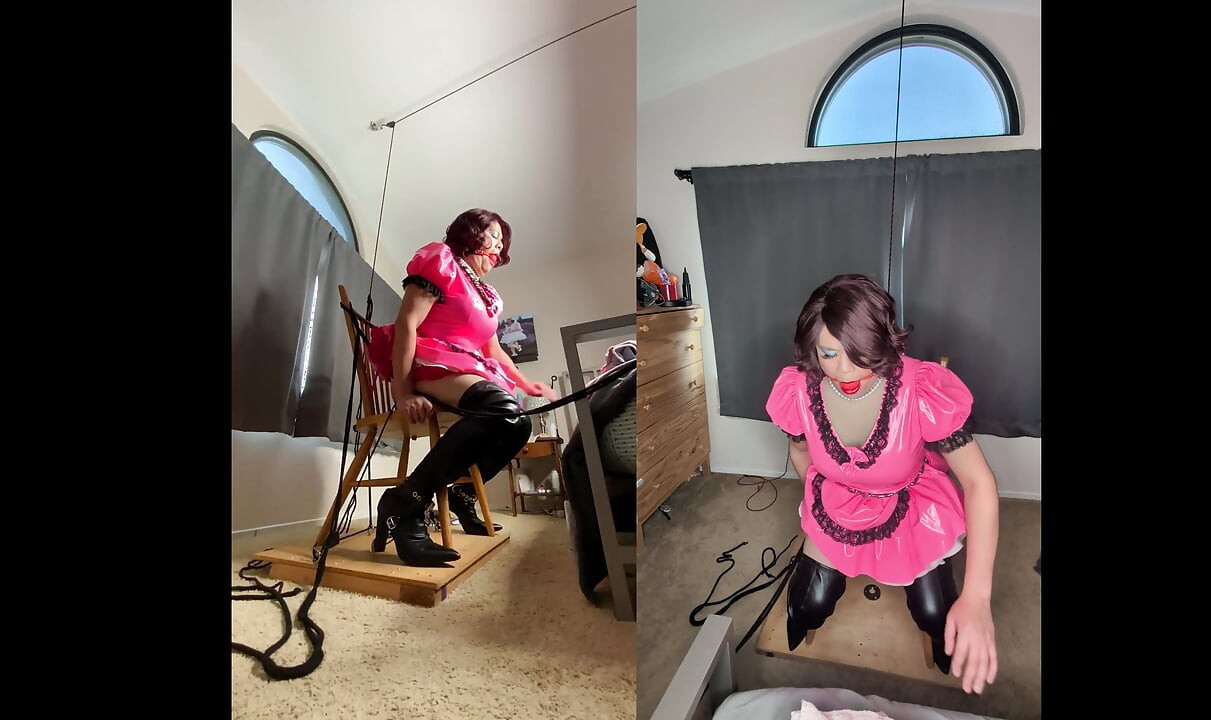 Sissy Candy in Self Bondage with Huge Dildos