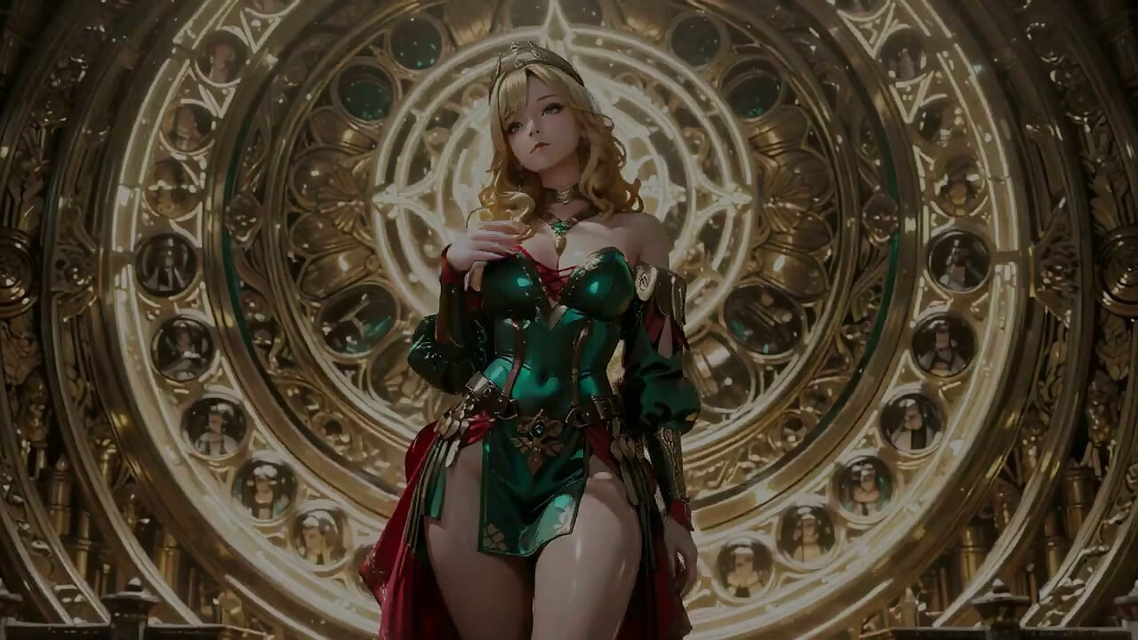 ブロンドのエンジェルクイーン！大聖堂で神聖に跪く、緑のローブが柔らかな曲線を隠しきれない