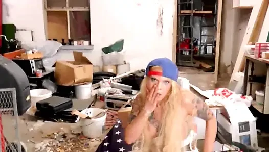 Sexy Blonde with Big Tits with Tattoo Gets Fucked Hard in the Workshop by a Hard Cock