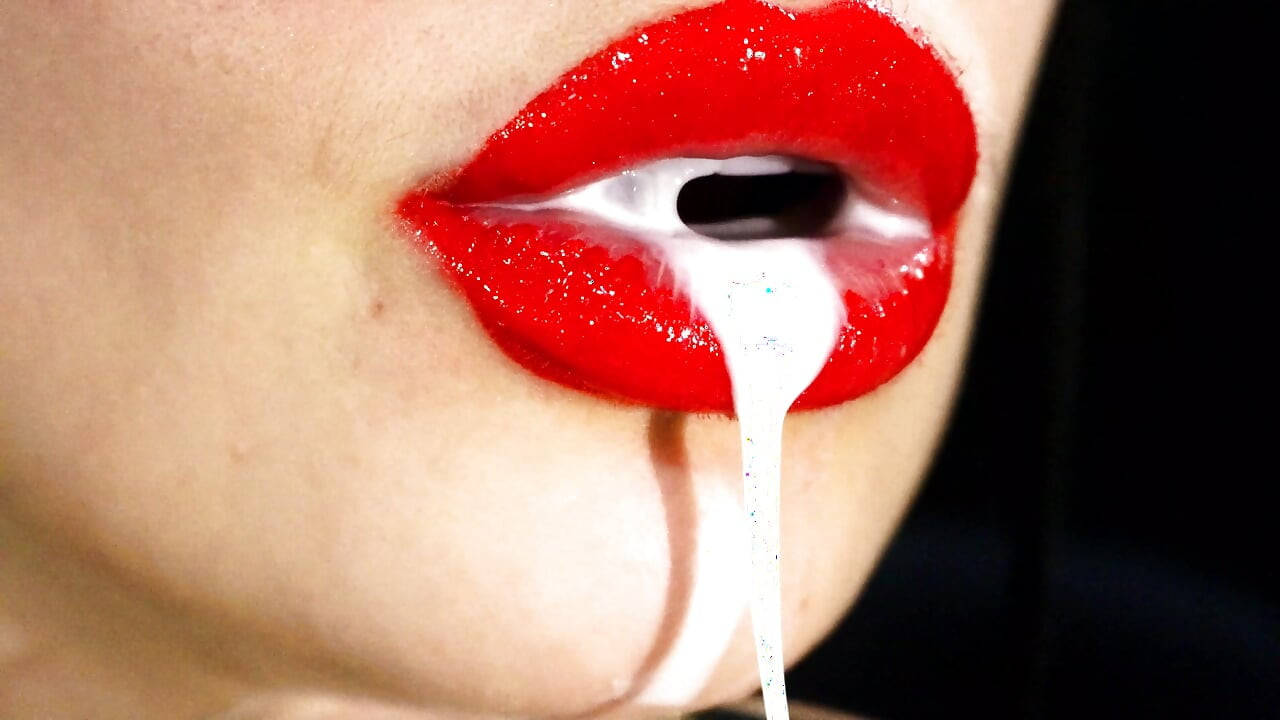 Red lips and a games with liquids and saliva! Milk and coffee! 4K -NO AUDIO-