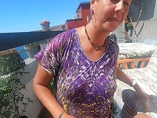 Blowjob on our terrace with some handfree sucking. Cum in mouth & swallow