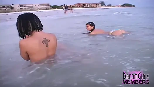 Three Hotties Make Out and Get Topless at a Public Beach