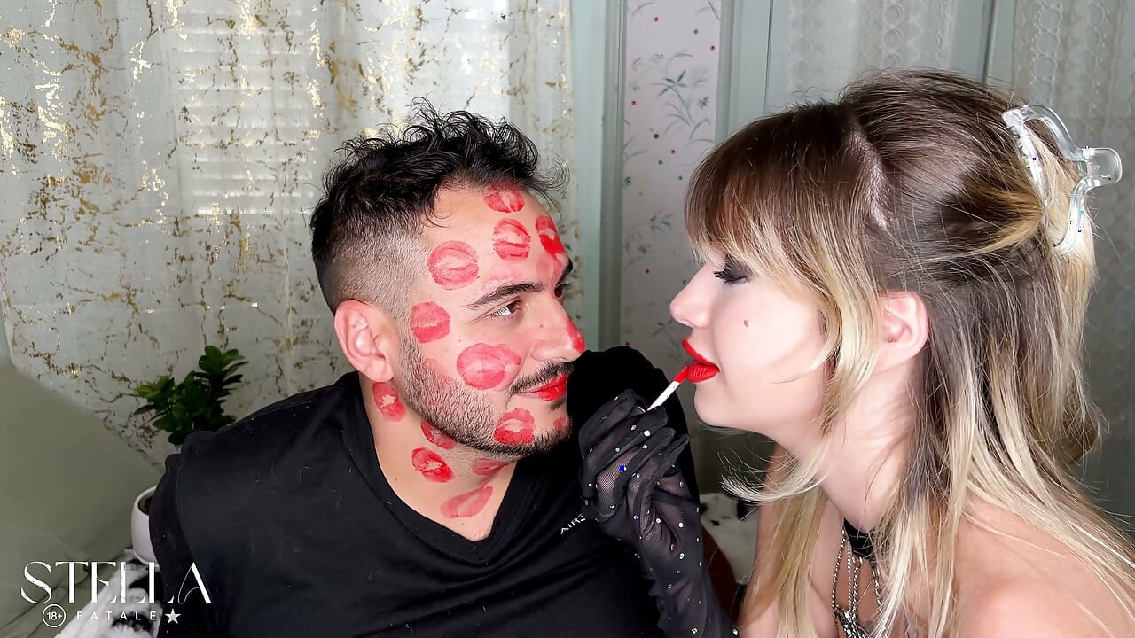 Red Lipstick Kisses Cover His Entire Face