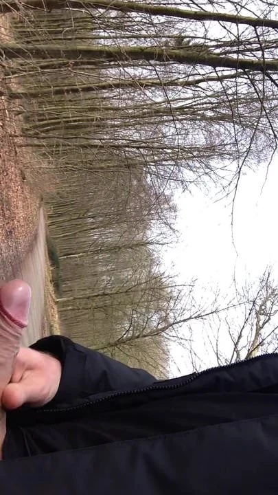 Flash in the woods, with cumshot on the road