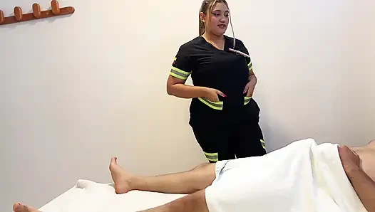 Nurse helps her bedridden patient soothe the hard erection