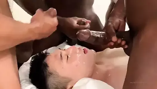Asian dude is dicked down by two hung black guys