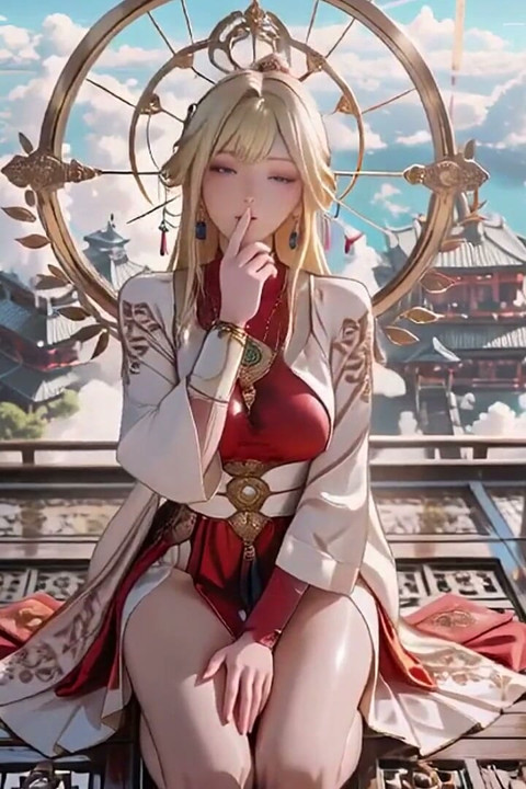 Diosa Celestial descende! Hanfu rojo y blanco, pelo dorado, descalzo en la nube.
