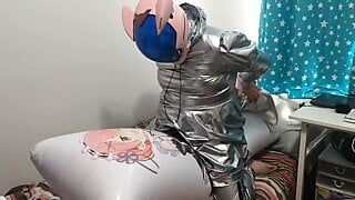 Silber, PVC-Sissy-Zimmermädchen Eva Kigurumi, aufblasbarer Kissenbuckel