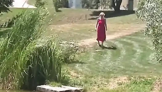 Blonde bitch spied on while pissing outdoors