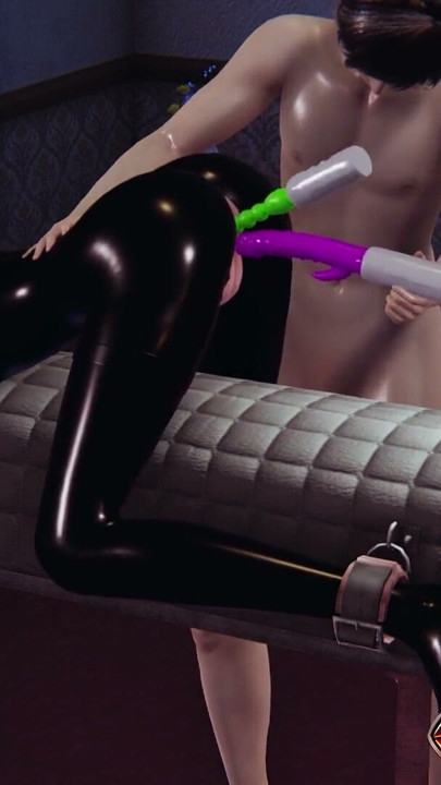 Chica de látex fetichista en hentai 3D - metida de juguete anal, lamida de concha mojada en la silla y squirt con doble vibrador | Clip 1