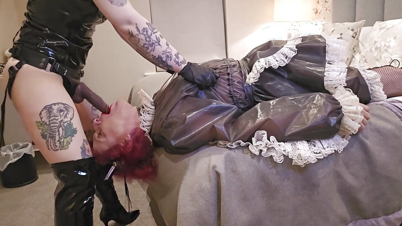 Miss Ruby Pvc Domme Throatfucks Sissy Maid with Huge Black Strap-on, Sph, Face Slapping with Dildo
