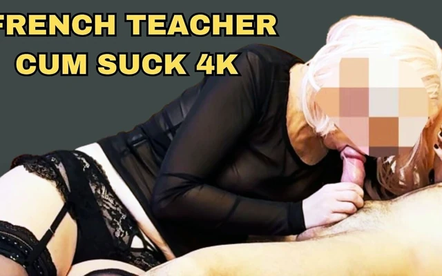 Step Sister French Teacher Blonde Wig Stockings Sloppy Blowjob Deepthroat Cum Swallow 4K Taboo Fantasy