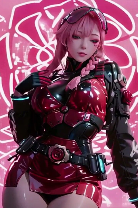 Pink-haired Mech Warrior! Kneeling in Neon Streets, Red Rose & Cold Armor Contrast.