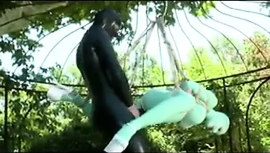 Girl with latex catsuit tied up,suspended and fucked