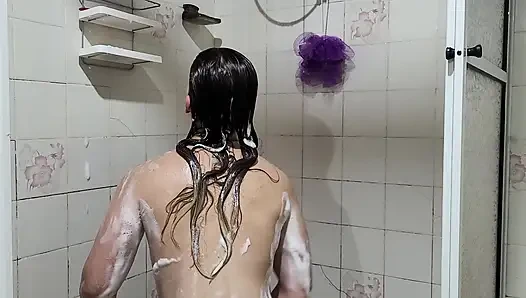 Real stepmother taking a shower and being filmed!