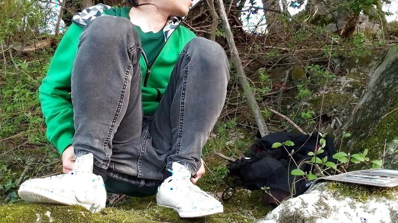 Risky masturbation outdoors a man's voice caught this cute gay twink with his balls hanging out, jerking off his uncut foreskin