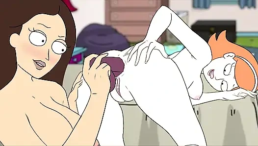 Jessica stöhnt, während Tricia Lange sie mit einem Dildo fickt – Rick and Morty Cartoon