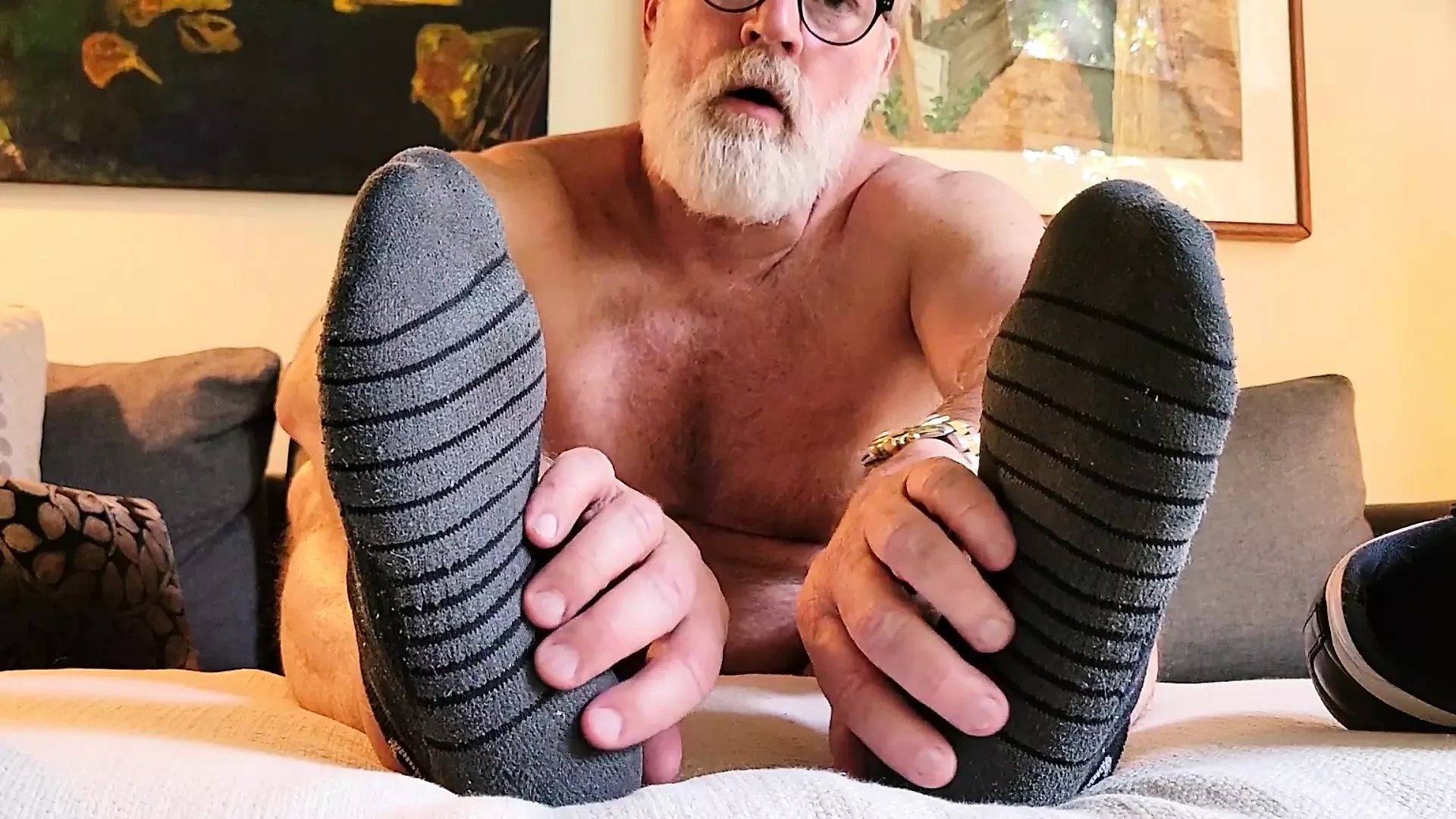 Sir stripping off his Sambas and teasing you w his stinky socked feet