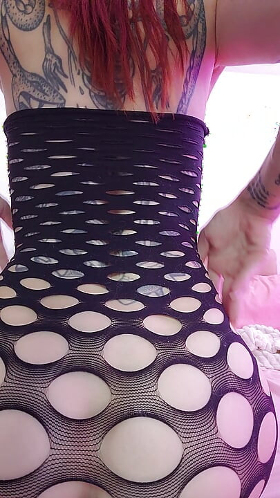 Tattooed Redhead Goddess Teases & Plays with Her Pussy Through Fishnet