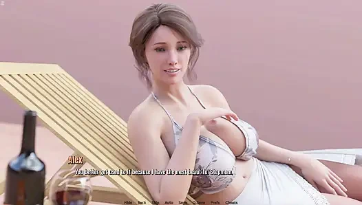 Stiefmutter, die sonnenschutzmittel auf alex körper im pool aufträgt