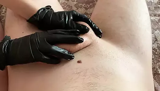 Sexy handjob with oil in black gloves