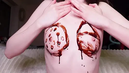 Special desires - balloon and chocolate sauce used as toy to please big labia pussy and small titts of skinny german girl Emmi