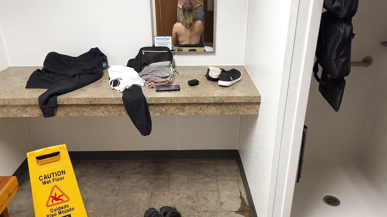 Wife caught masturbating in public restroom, then fucked by the campfire
