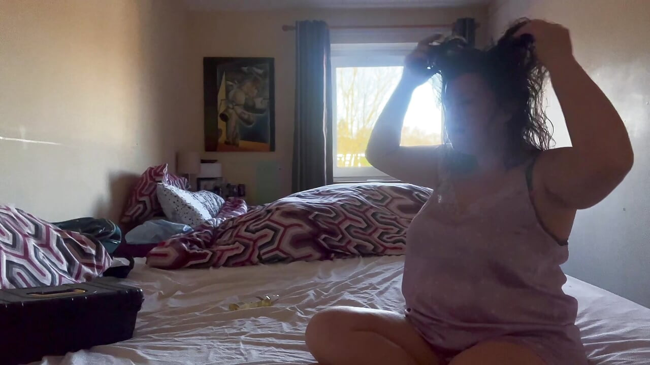 purple polkadot pyjamas stripp tease and huge dildo in oil