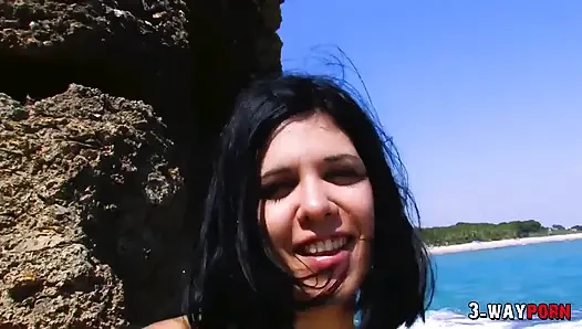 3 - Way porn - Petite brunette used by two nasty guy on the beach