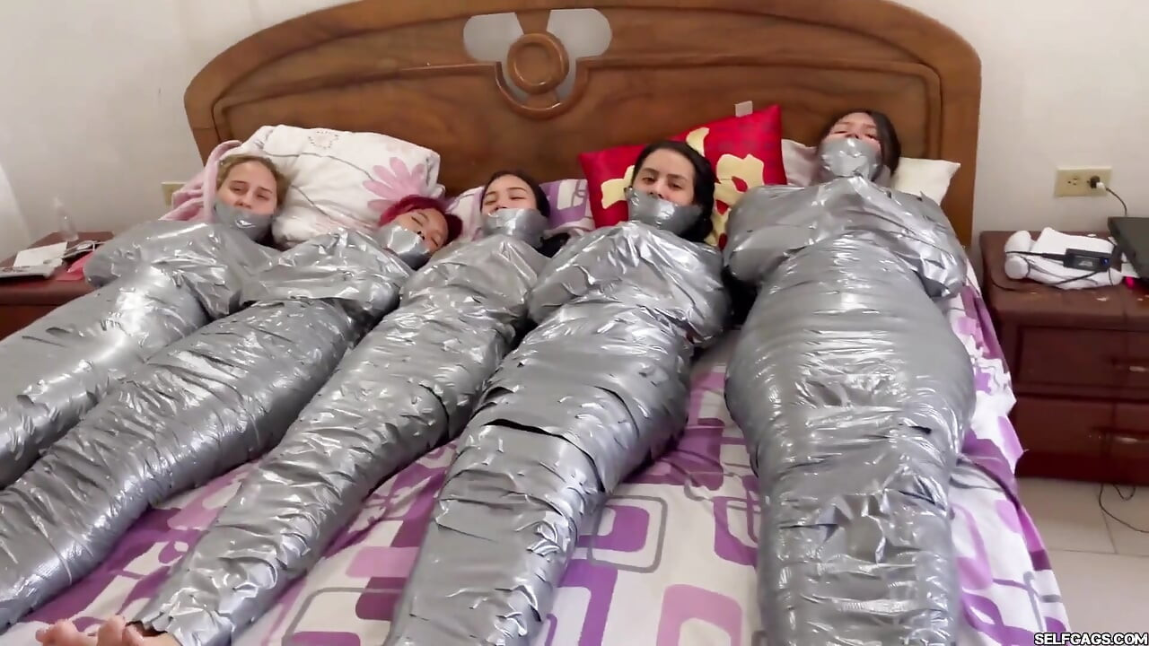 5 Mummified Girls Struggle All Wrapped up and Gagged!