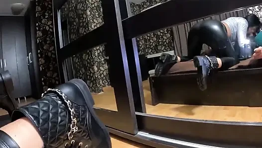 Black Leather Jacket & Shiny Pants Cameltoe Tease, Deepthroat and Cum on Leather