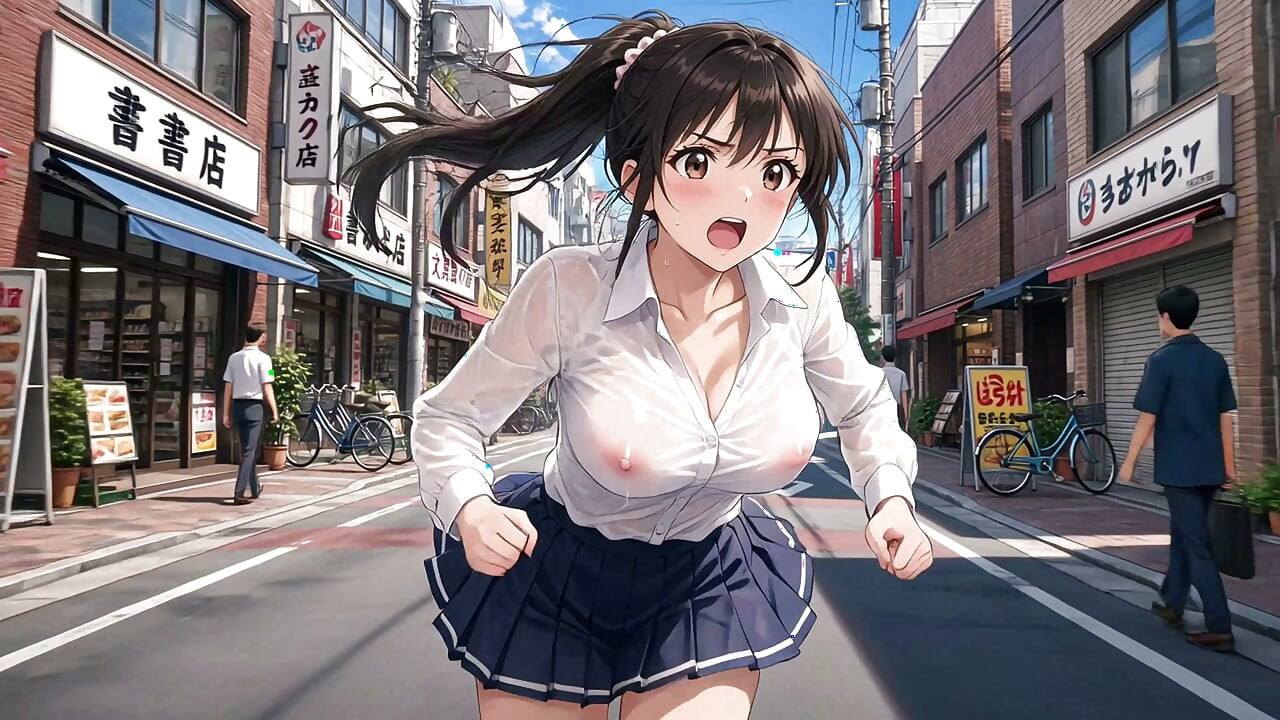 Corriendo por una calle bulliciosa, dejando al descubierto sus enormes pechos bajo la ropa