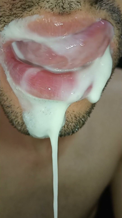 Cum in my mouth, play with your cum, and swallow it, close-up, naughty gay, tongue, sloopy | Clip 3