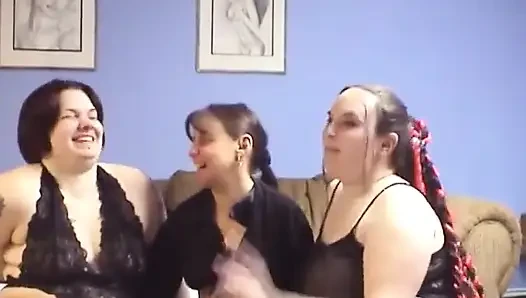 Three overweight brunettes lick each other's pussies