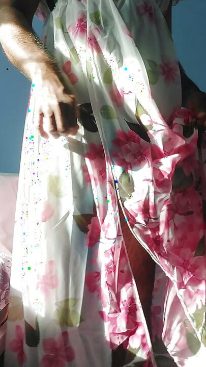 Shemale masterbate and cum in a silky seethrough Chiffon Fleared floral frock