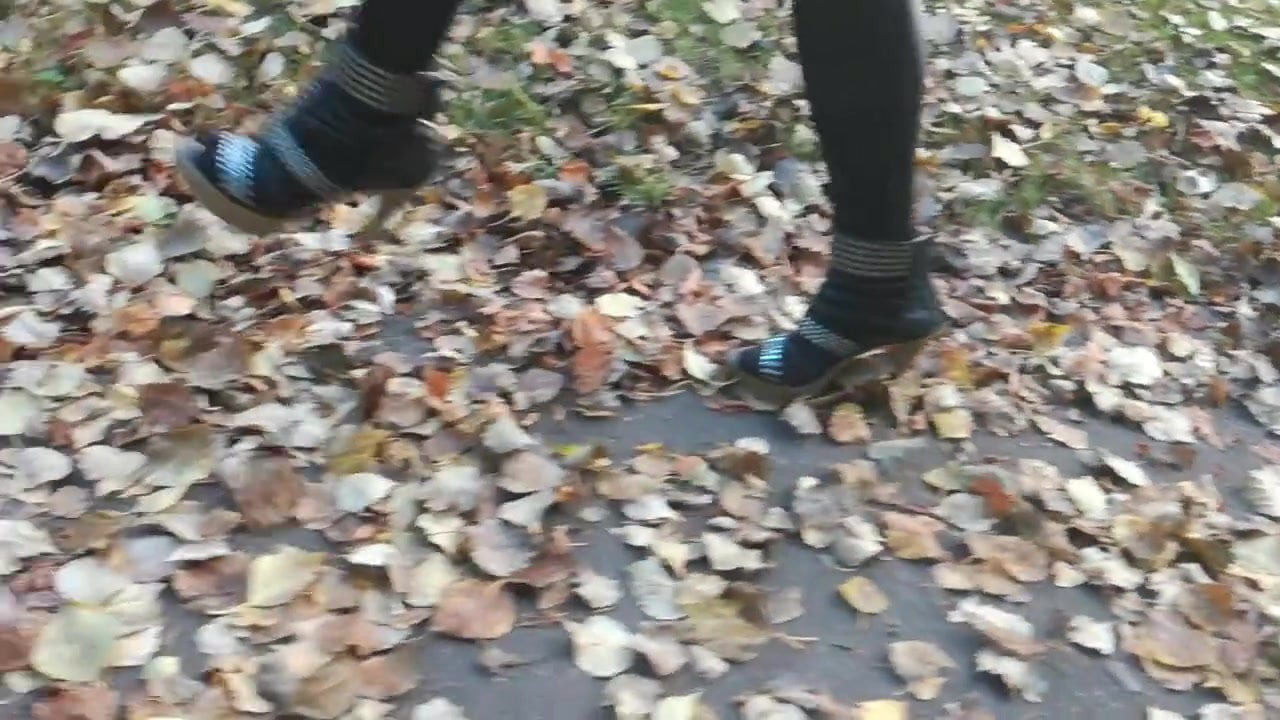 Lady L walking with metal high heels.