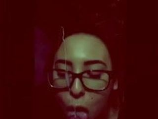 Retro filter cumshot on girl with glasses