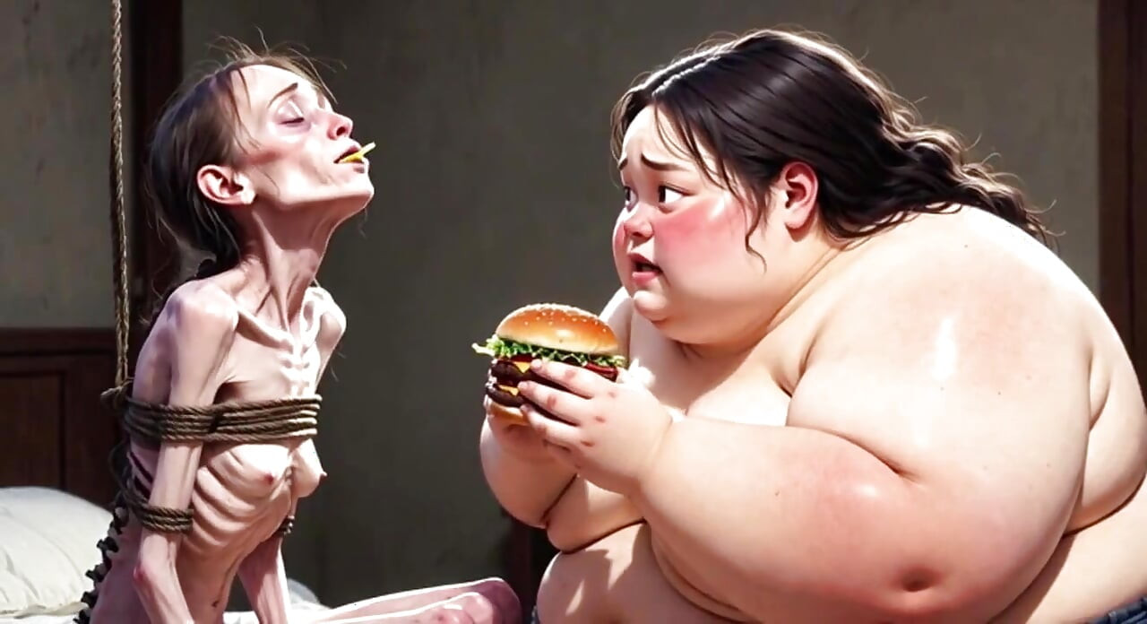 Skinny Girl Getting Fed by Huge Fat Woman - Contrast Feeding Fetish