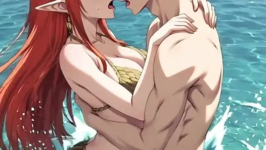 Redhead anime hentai girl fucks in the water