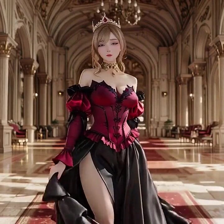 Queen in White! Red & Black Gown Princess on All Fours, Lips Parted for a Tease