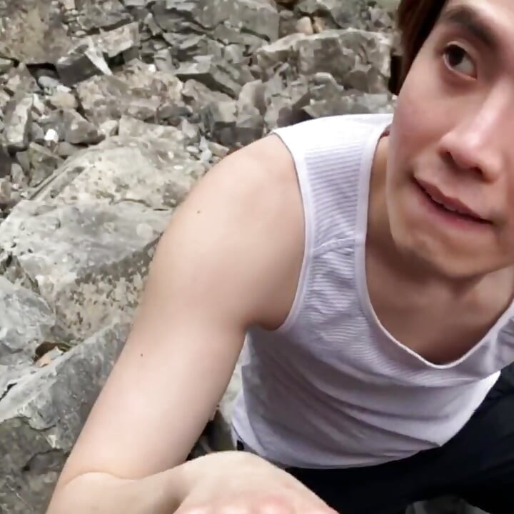 Asian Boy Takes Daddies Load Down by the River While Hiking
