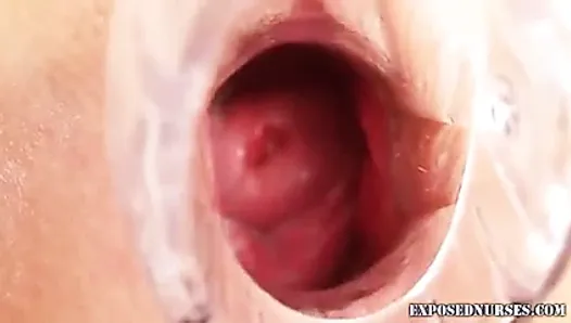 Brunette nurse babe gaping pussy and masturbation